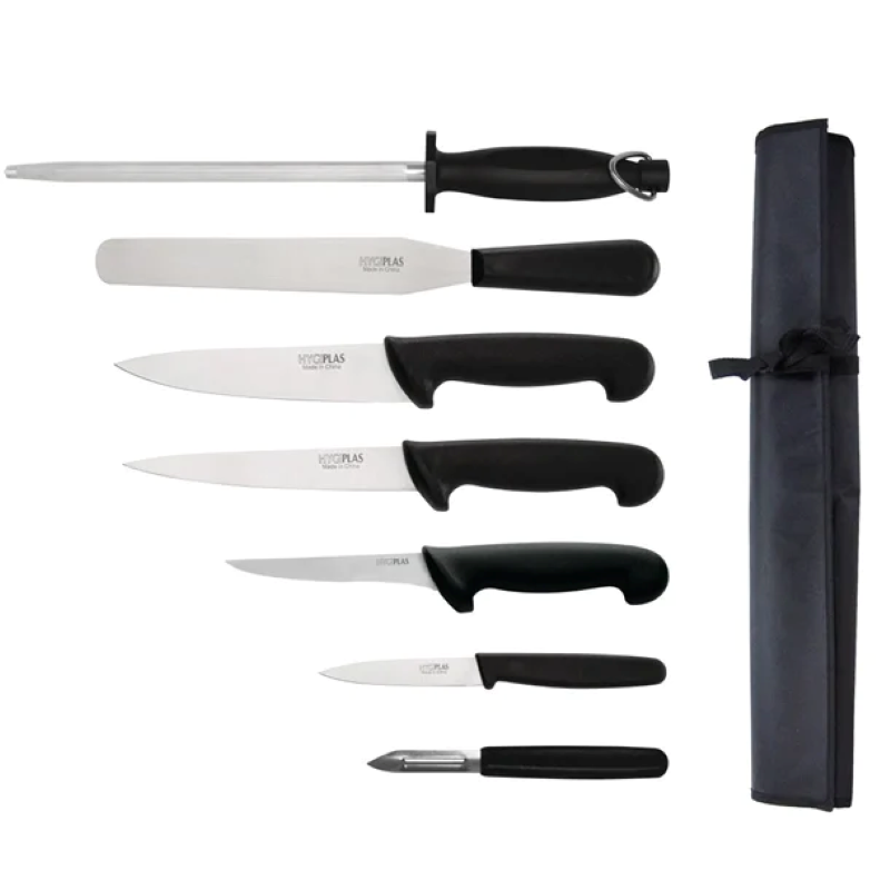 Hygiplas 7 Piece Starter Knife Set with 20cm Chefs Knife and Roll Bag