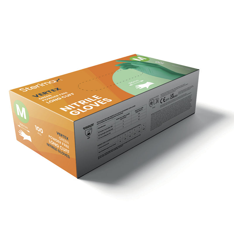 Vertex Nitrile Long-Cuff Powder-Free Gloves | Green | Pack of 100 Pieces