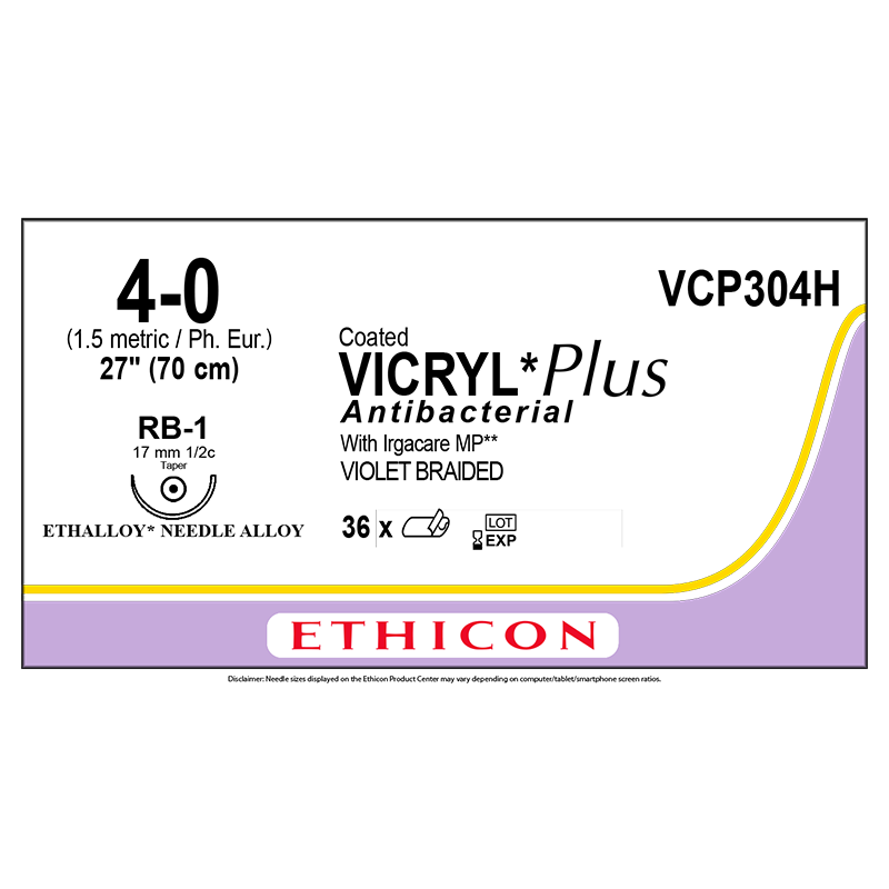 Coated Vicryl Plus Suture | Antibacterial | Violet | Suture Size: 4-0 | Length: 27" | Needle: RB-1 | Box of 36