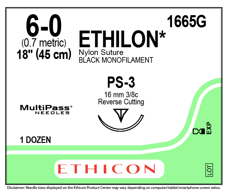 Ethicon Nylon Suture | Non-Absorbable | Black | Suture Size: 6-0 | Length: 45cm | Needle: PS-3 | Box of 12 (1)