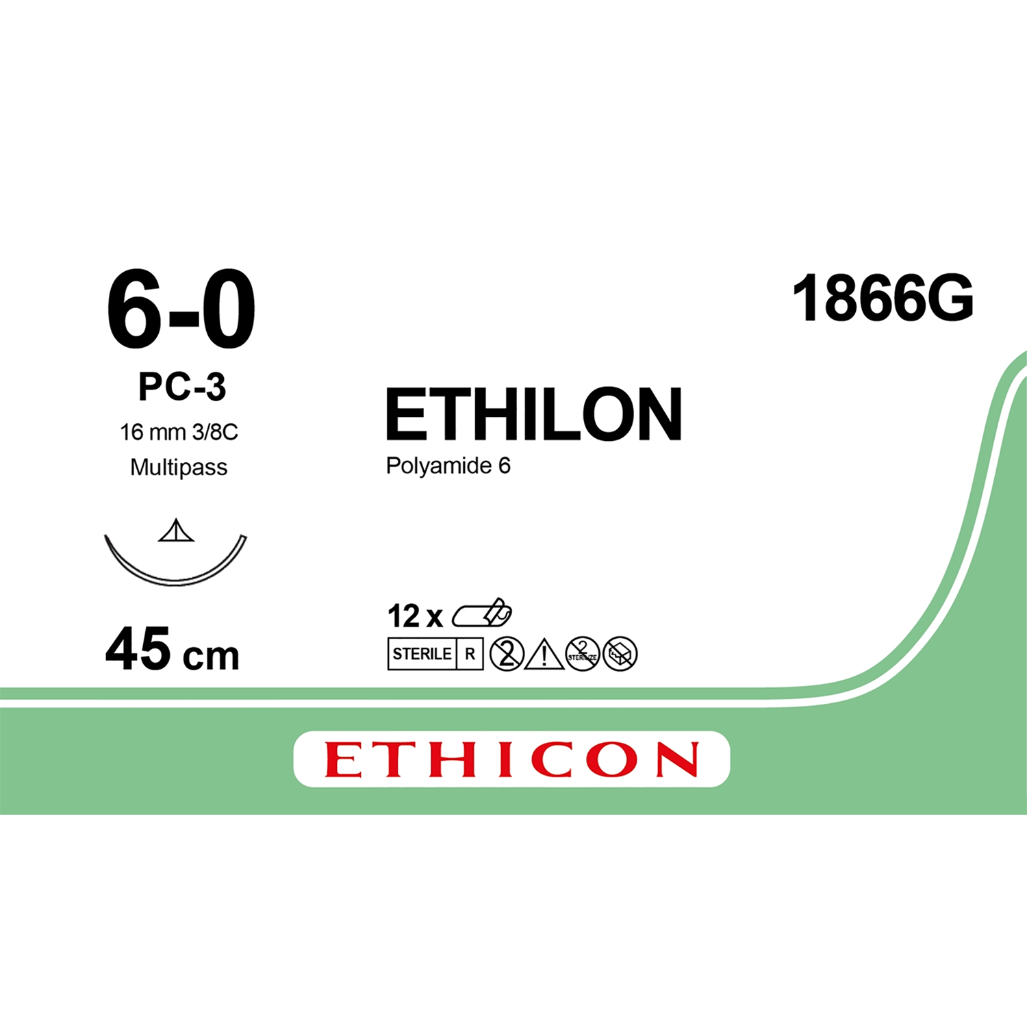 Ethicon Nylon Suture | Non-Absorbable | Black | Size: 6-0 | Length: 45cm | Needle: PC-3 | Pack of 12