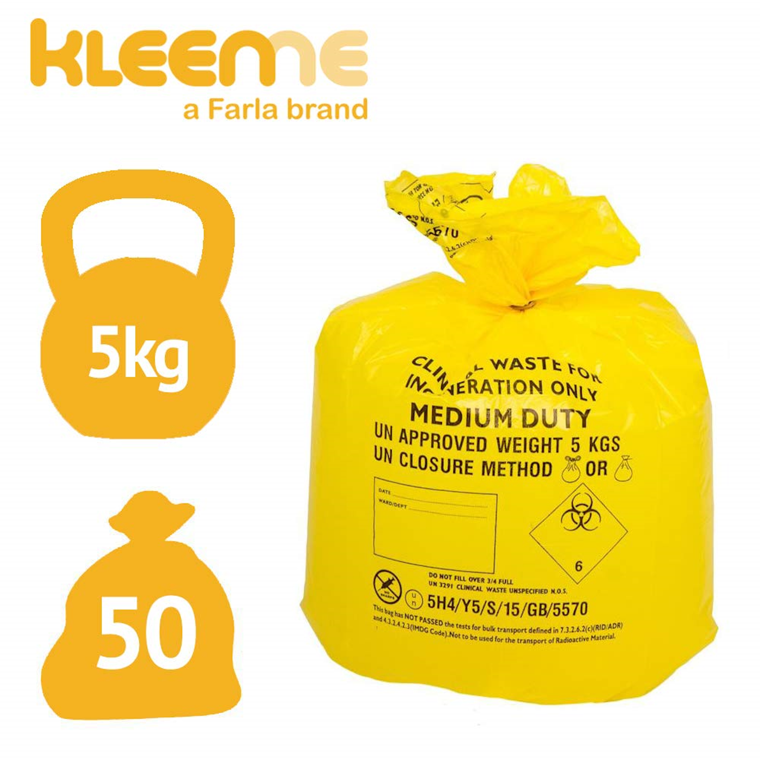 KleenMe Clinical Waste Sacks | Yellow | Roll | Medium Duty | Roll of 50