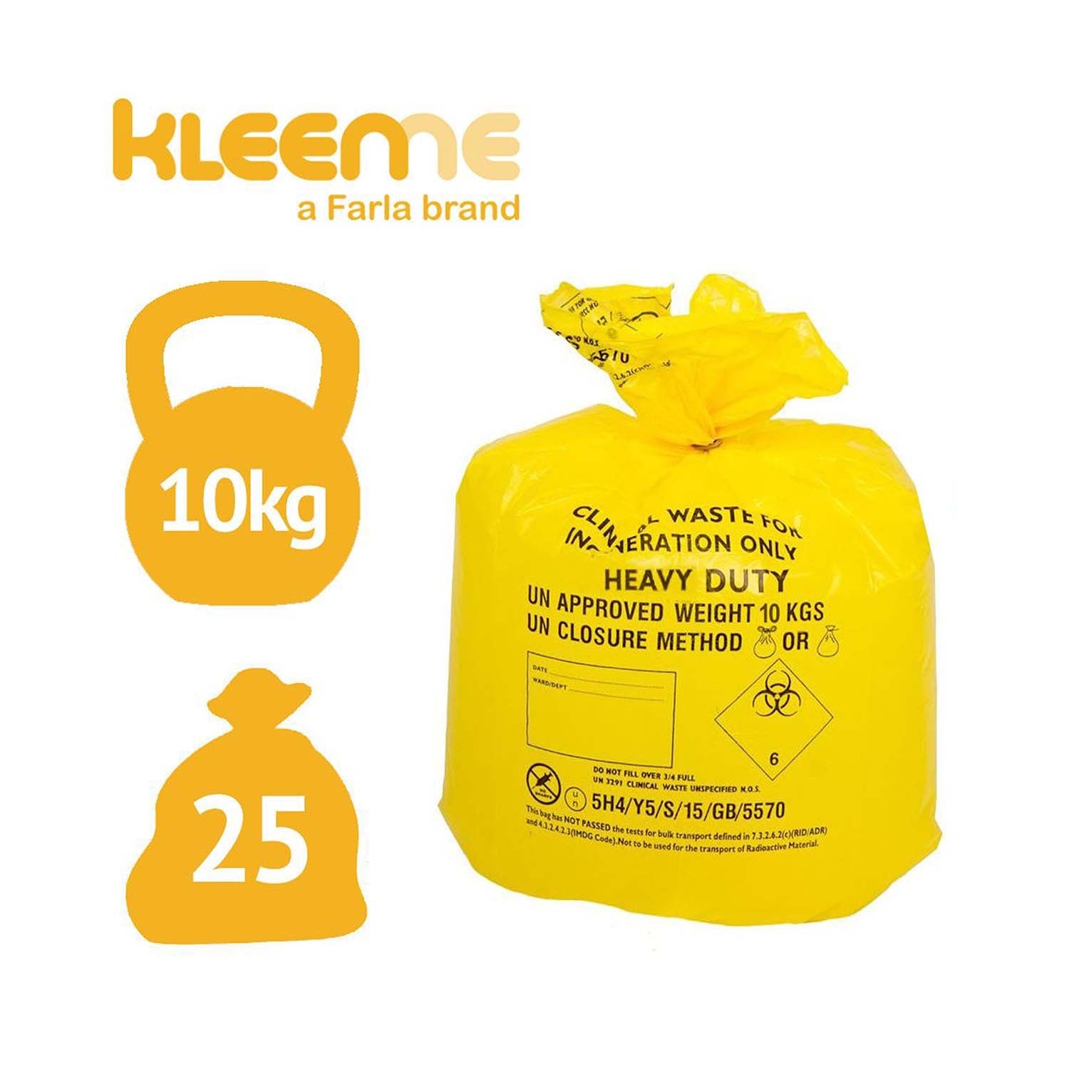 KleenMe Clinical Waste Sacks | Yellow | Roll | Heavy Duty | Roll of 25