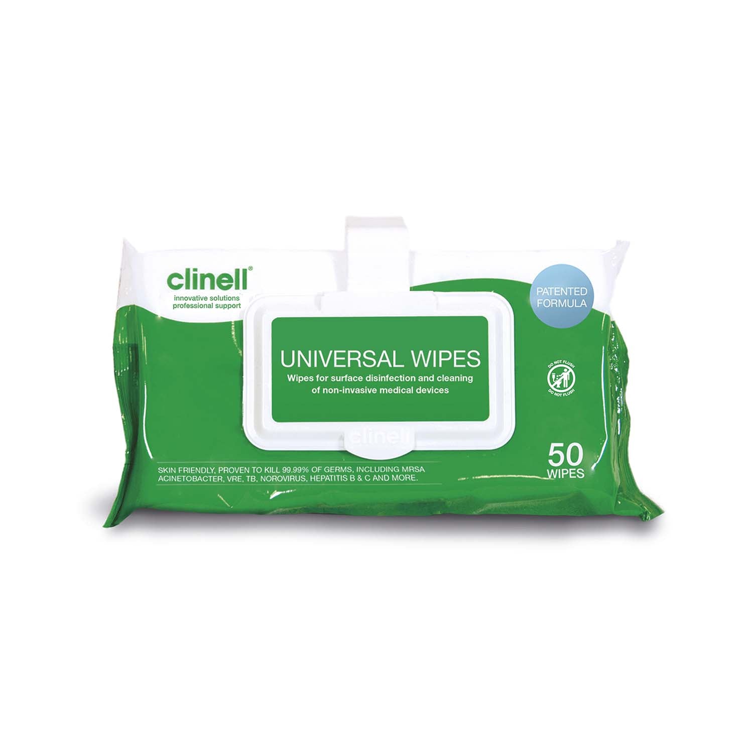 Clinell Universal Sanitising Wipes | Clip Pack | 30gsm | 200 x 200mm | Pack of 50