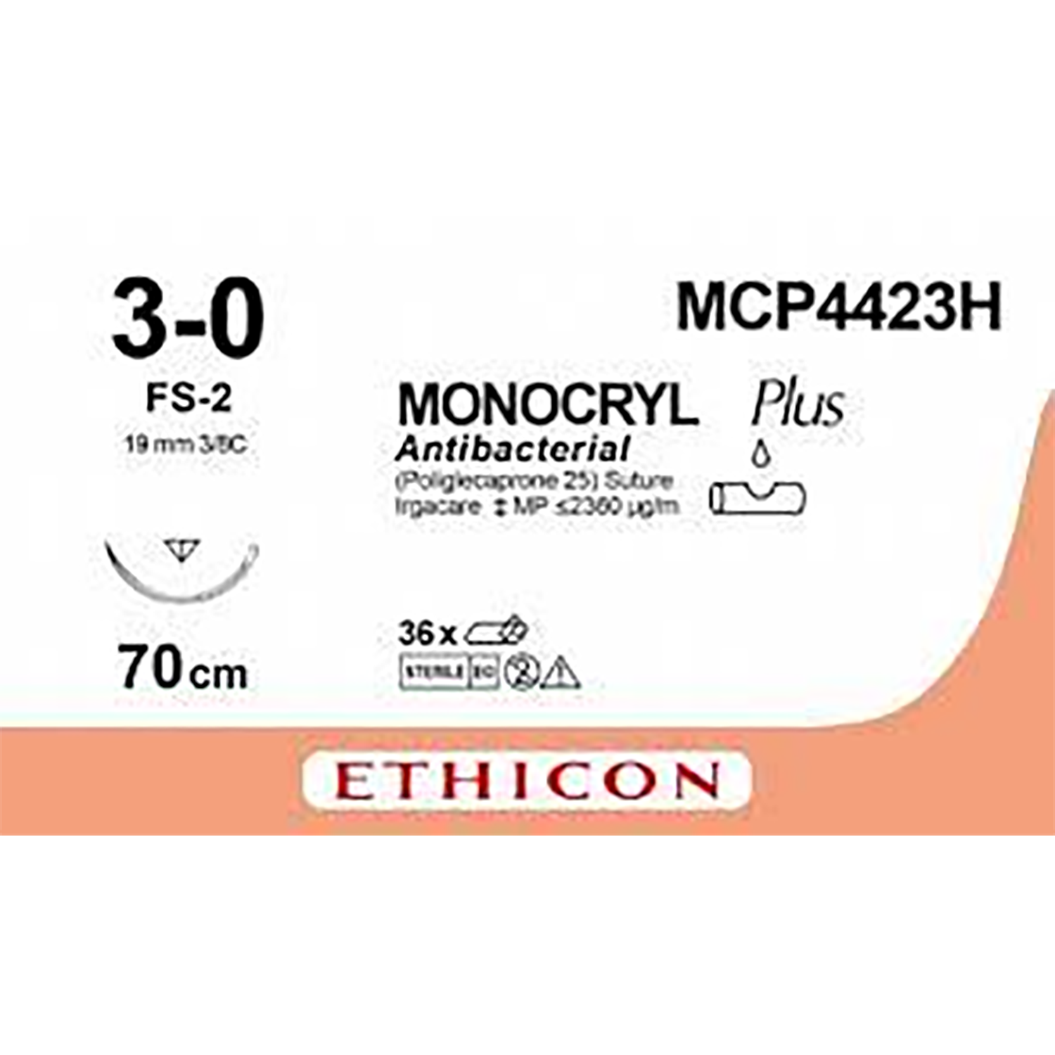 Ethicon Monocryl PLUS Antibacterial Suture  | Absorbable | Undyed | 3-0 | 70cm | Pack of 36