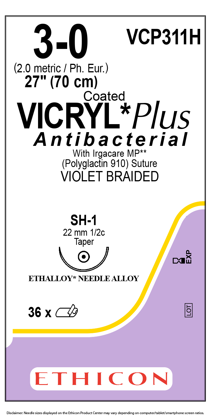 Ethicon Coated Vicryl Plus Suture | Absorbable | Violet | Size: 3-0 | Length: 27" | Needle: SH-1 | Pack of 36 (1)