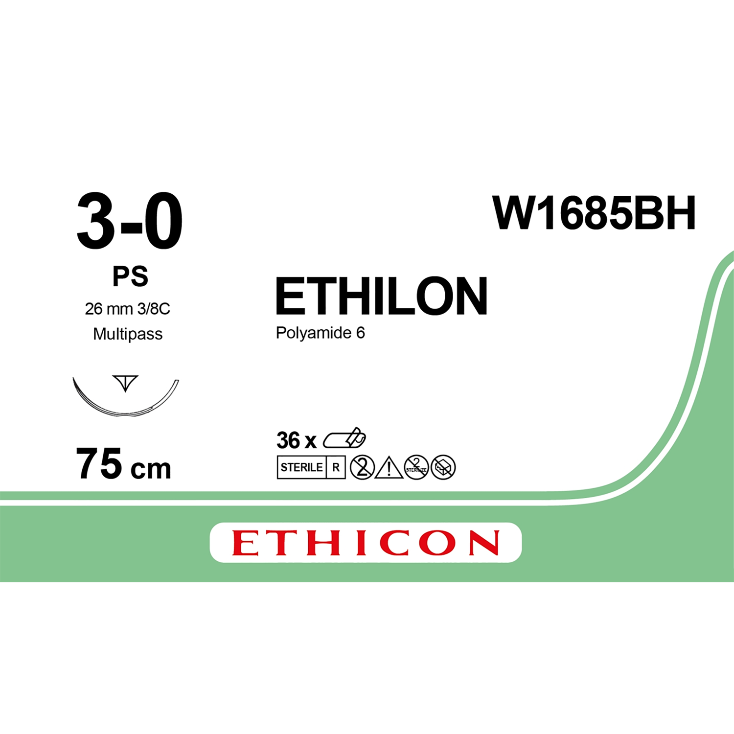 Ethicon Nylon Suture | Polyamide| Non-Absorbable | Black | Size: 3-0 | Length: 75cm | Reverse Cutting 3/8C | Needle: PS | Pack of 36