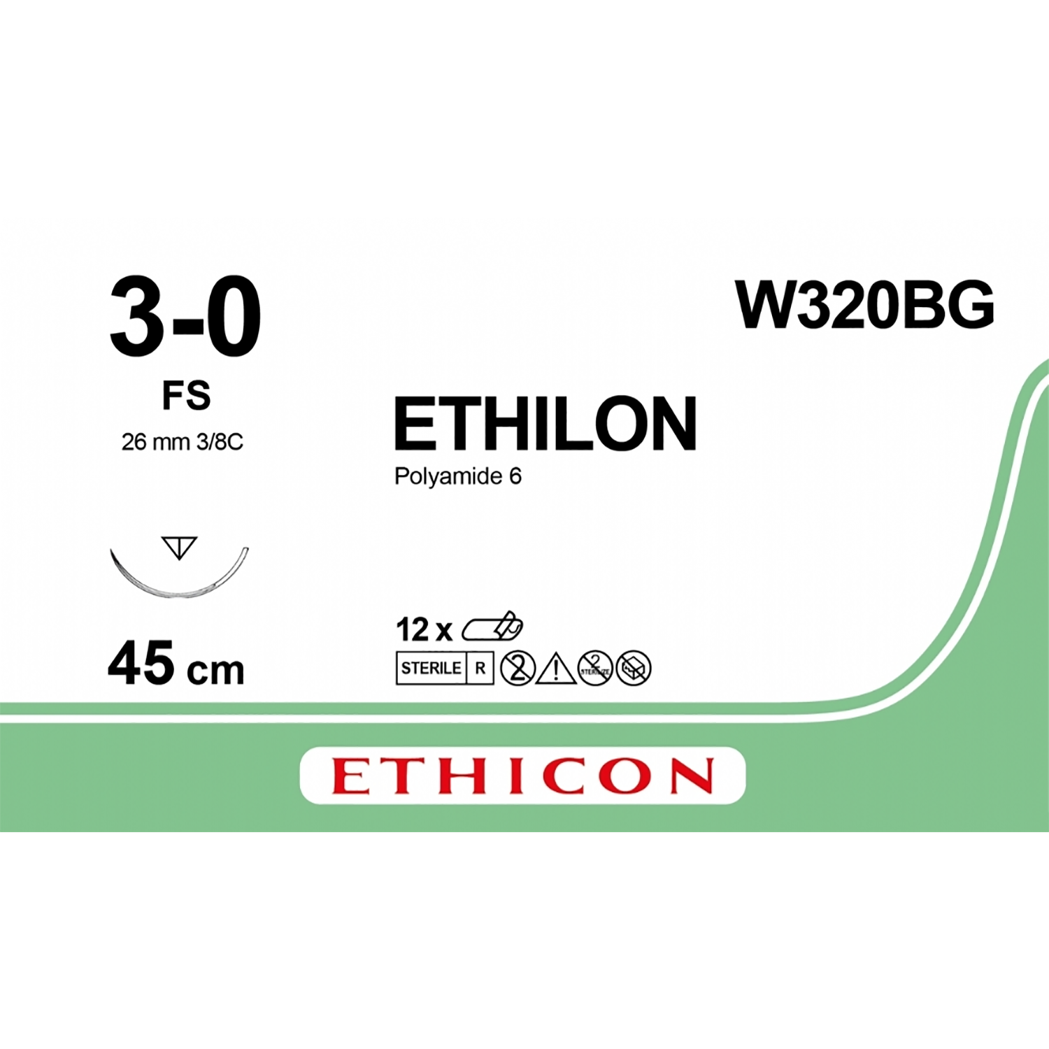 Ethilon Nylon Suture | Polyamide | Non-Absorbable | Black | Size: 3-0 | Length: 45cm | M2 USP3-0 S/A FS | Pack of 12