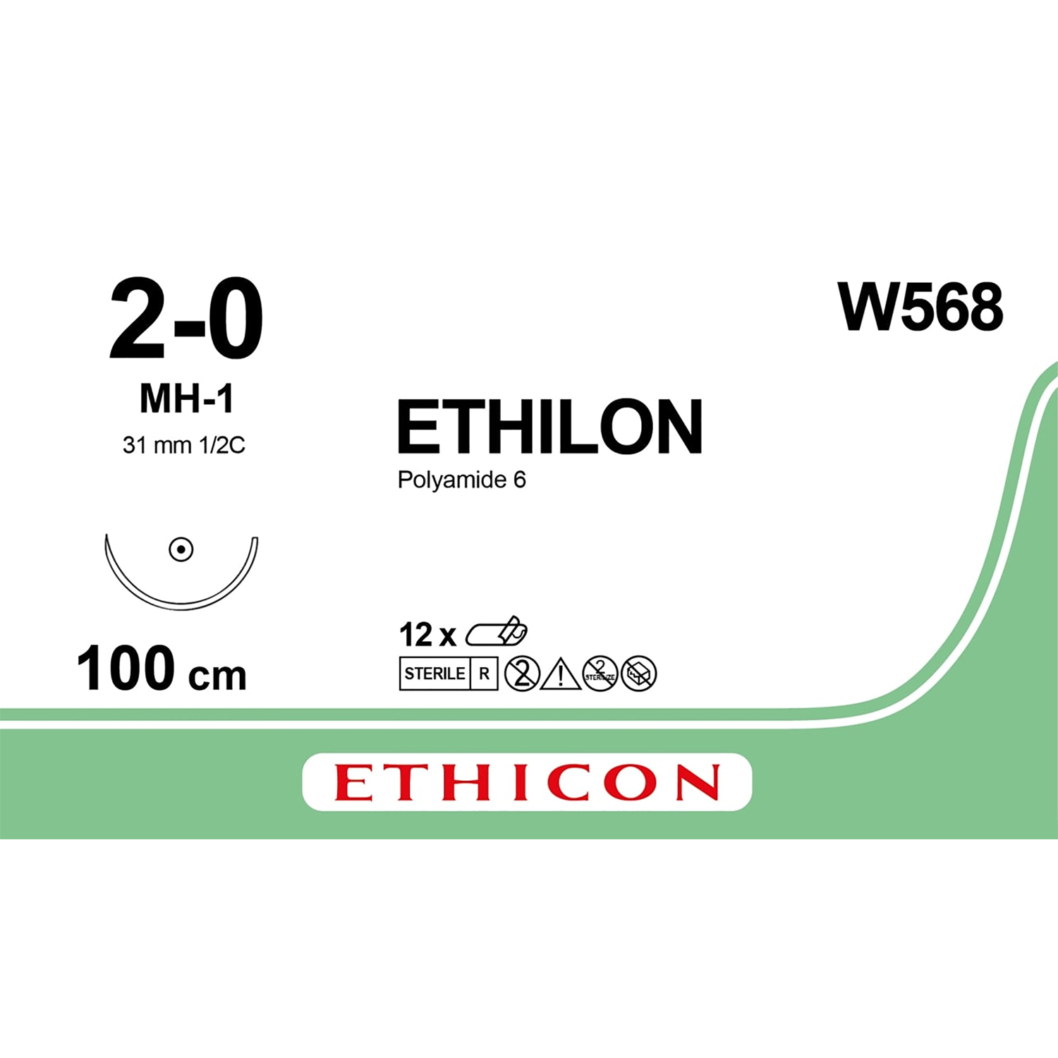 ETHILON Nylon Suture | Non Absorbable | Black | Suture Size: 2-0 | Length: 100cm | Needle: MH-1 | Box of 12