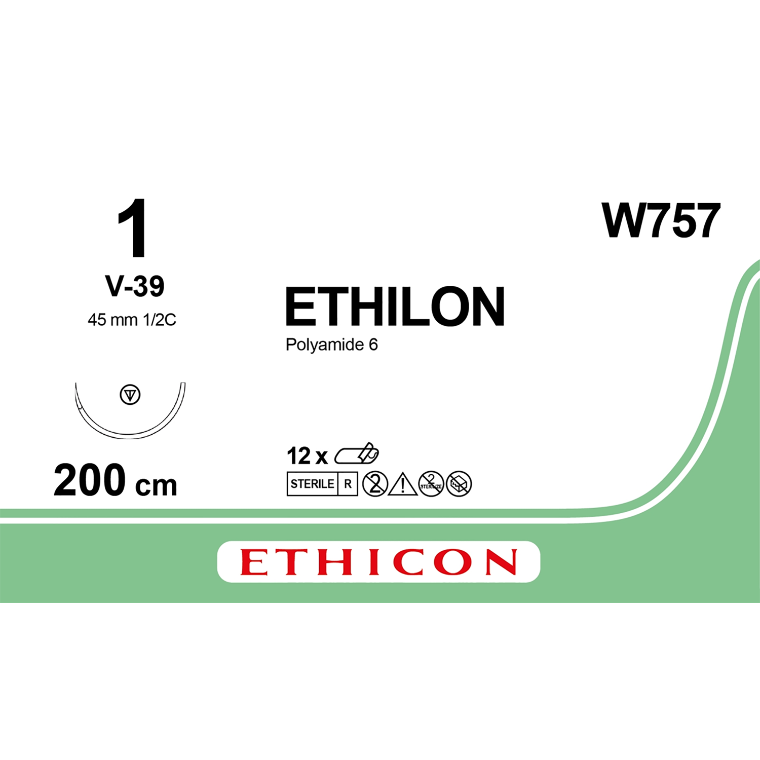 Ethicon Nylon Suture | Non-Absorbable | Black | Size: 1 | Length: 200cm | Needle: V-39 | Pack of 12