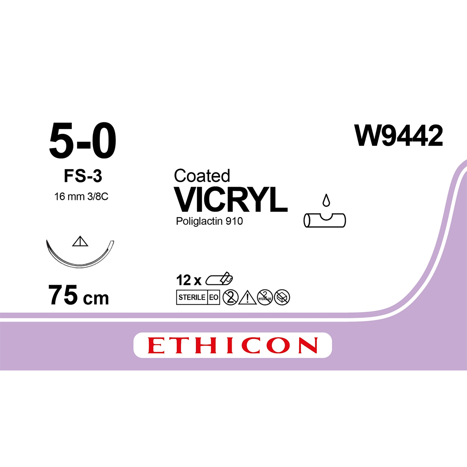Ethicon Coated Vicryl Suture | Absorbable | Violet | Size: 5-0 | Length: 75 | Needle: FS-3 | Pack of 12