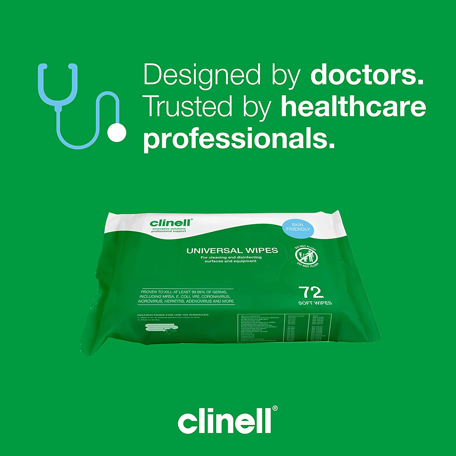 Clinell Universal Sanitising Wipes | Clip Pack | 30gsm | 200 x 200mm | Pack of 50 (9)