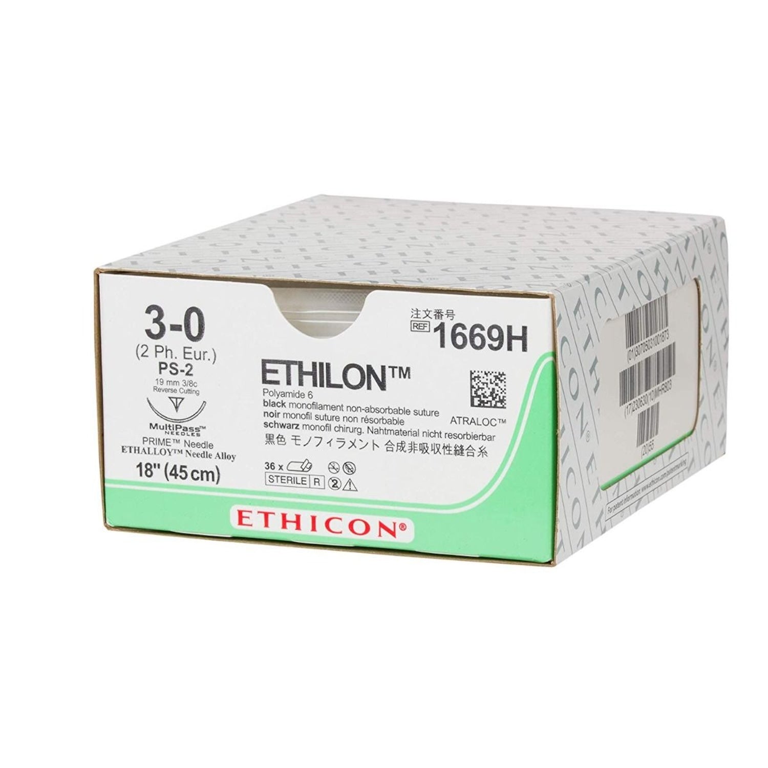 Ethilon Nylon Suture | Polyamide | Non-Absorbable | Black | Size: 3-0 | Length: 45cm | M2 USP3-0 S/A FS | Pack of 12 (1)