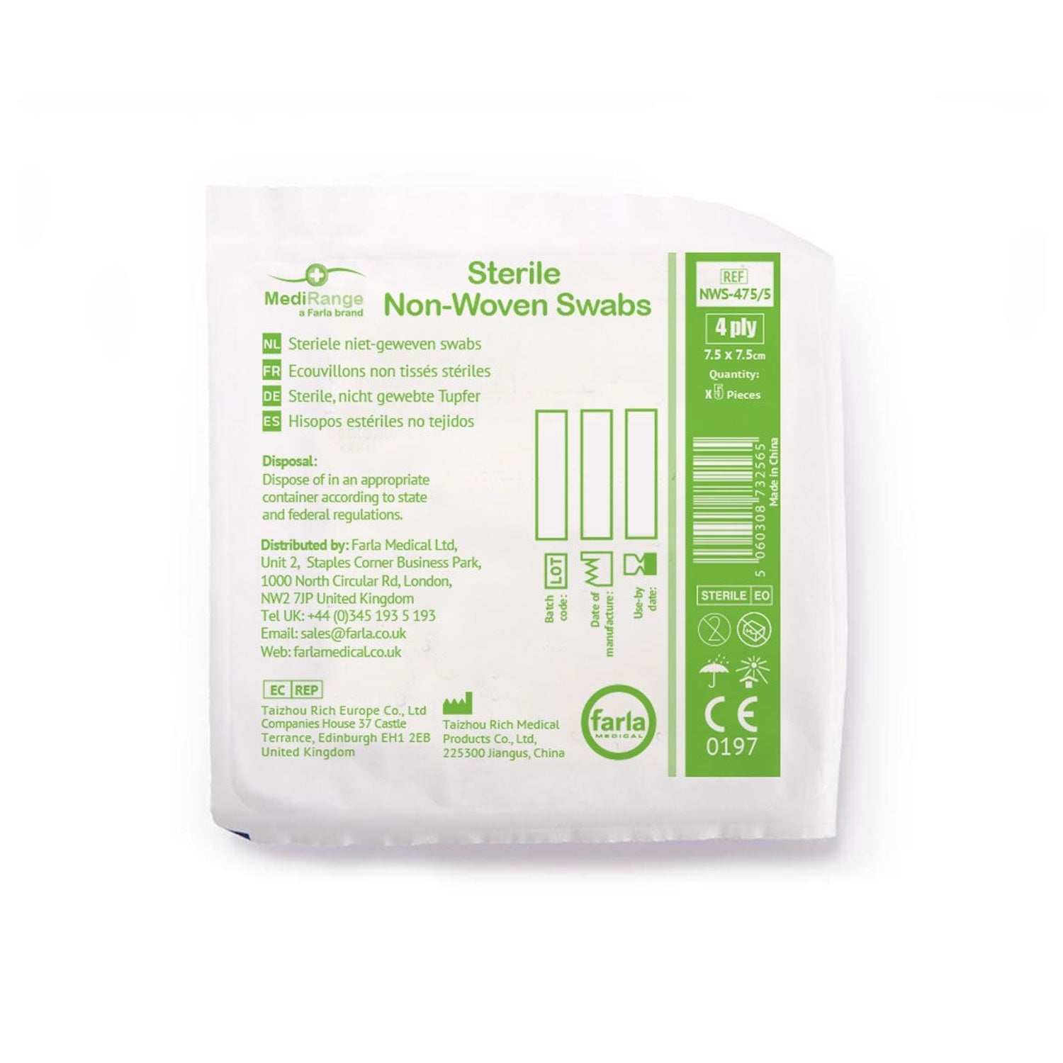 MediRange Non-Woven Swabs | Sterile | 7.5 x 7.5cm | 4 Ply | Pack of 5 x 50 (1)