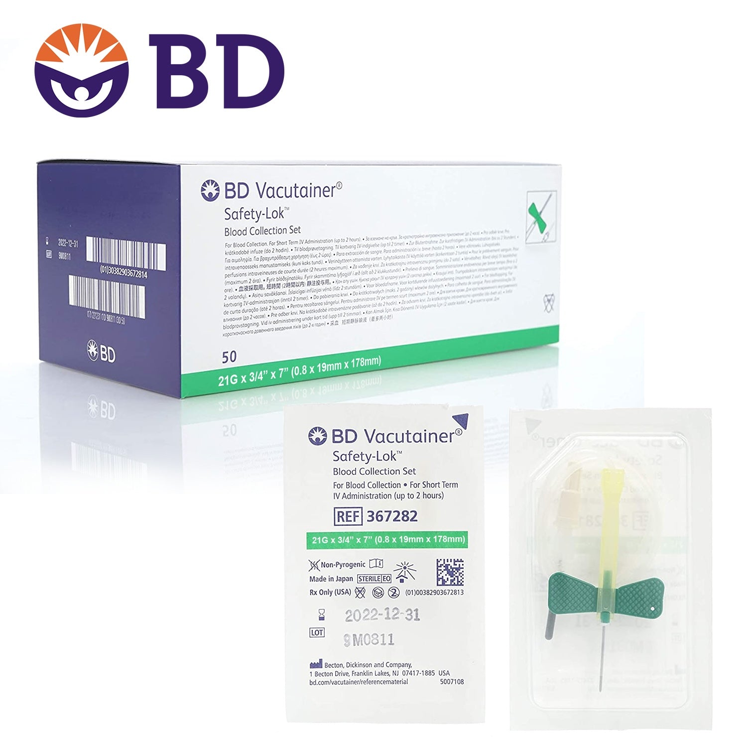 BD Vacutainer Safety Lok Blood Collection System with Pre-attached Holder | 0.75" Needle | 21G x 7" Tubing | Pack of 25 (3)