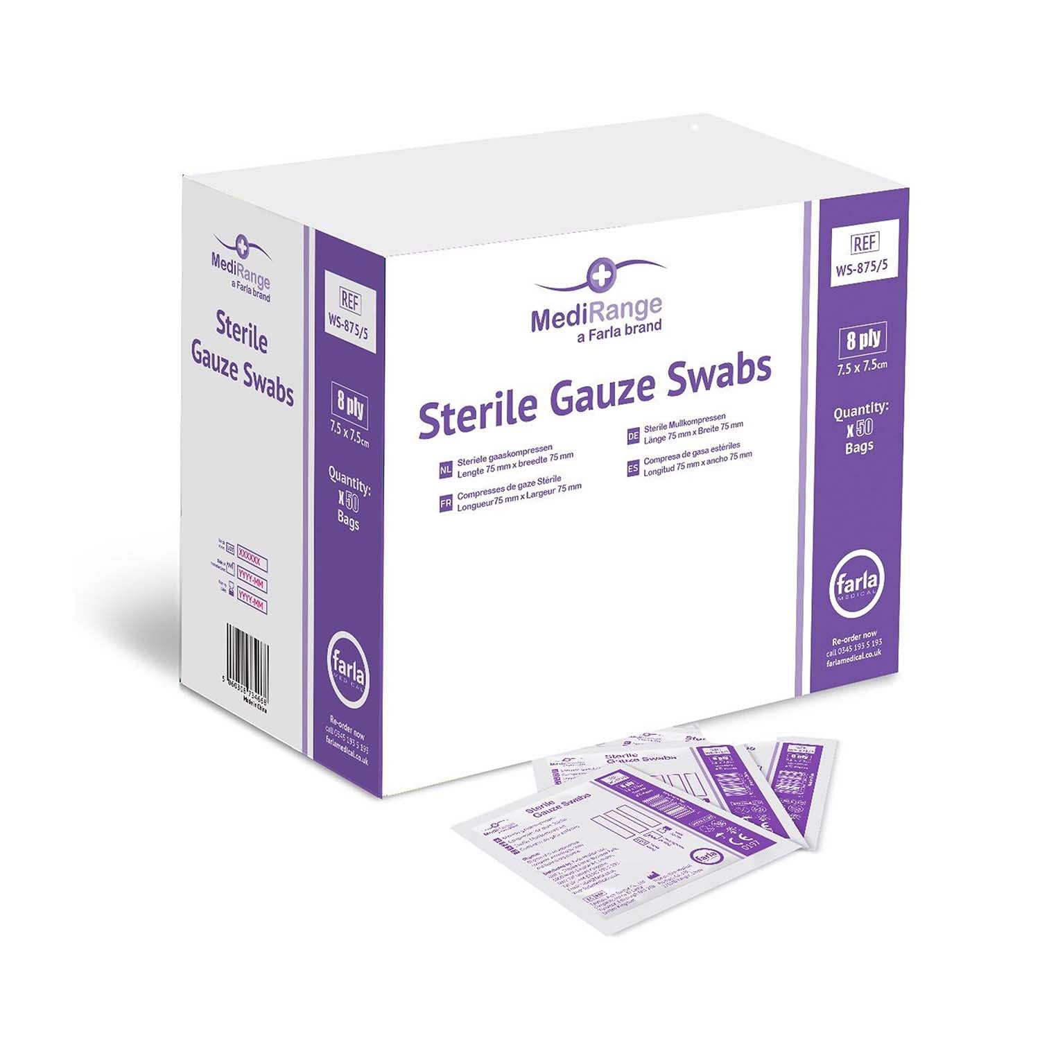 MediRange Gauze Swabs | 7.5 x 7.5cm | 8 ply | Pack of 50 Pouches